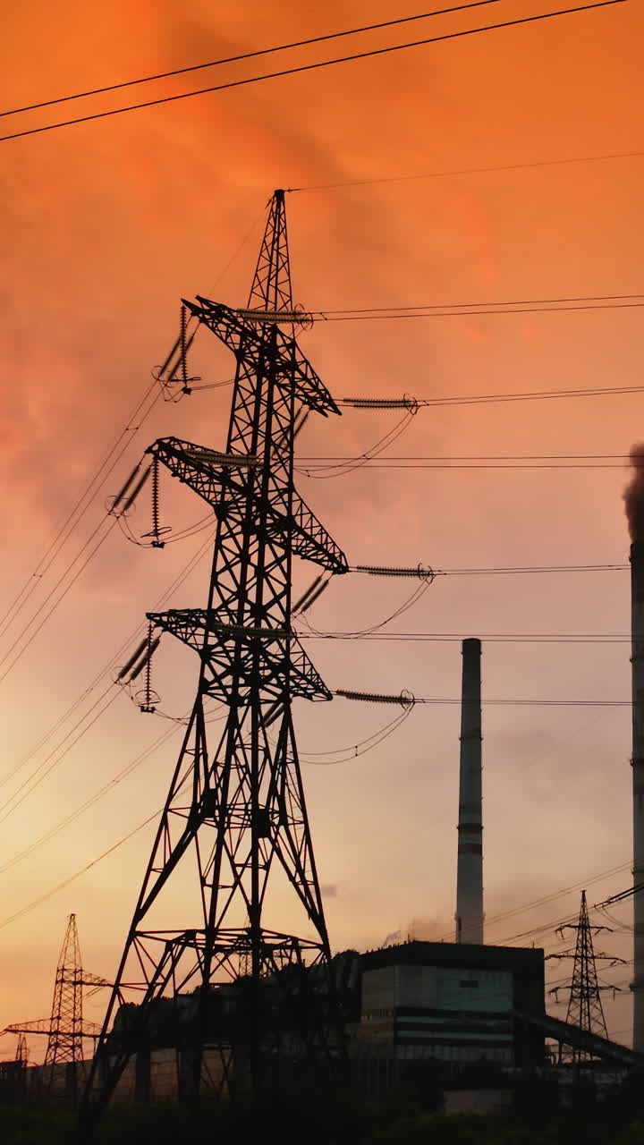Transformation station and power plant. Grid of high voltage power lines and wires