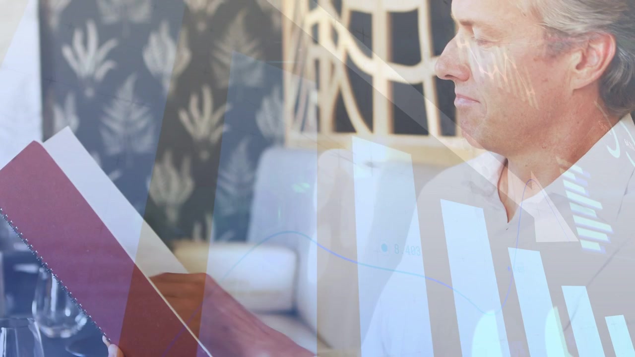 Mature man tapping menu and flipping pages, starting finance overlay with down arrow, choosing