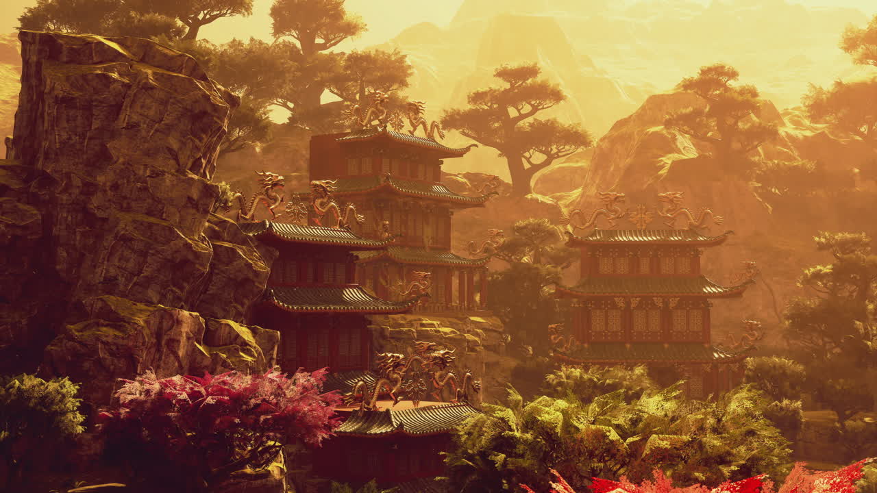 Majestic ancient architecture in a serene landscape during sunset in china