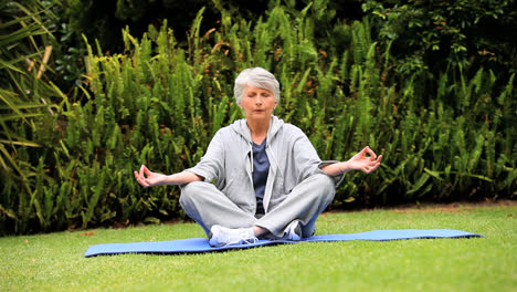 mature woman doing yoga outdoors on a mat