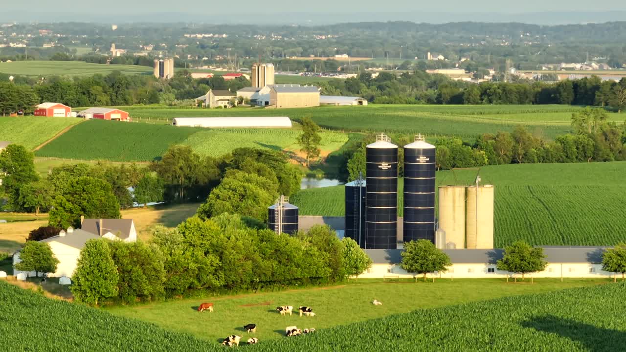 granja estadounidense durante la hora dorada del atardecer