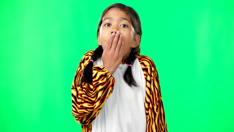 Face,-green-screen-and-girl-in-tiger-costume