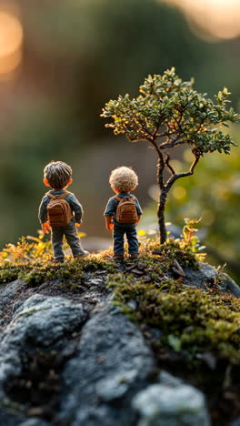 two children with backpacks explore a rocky landscape at sunset