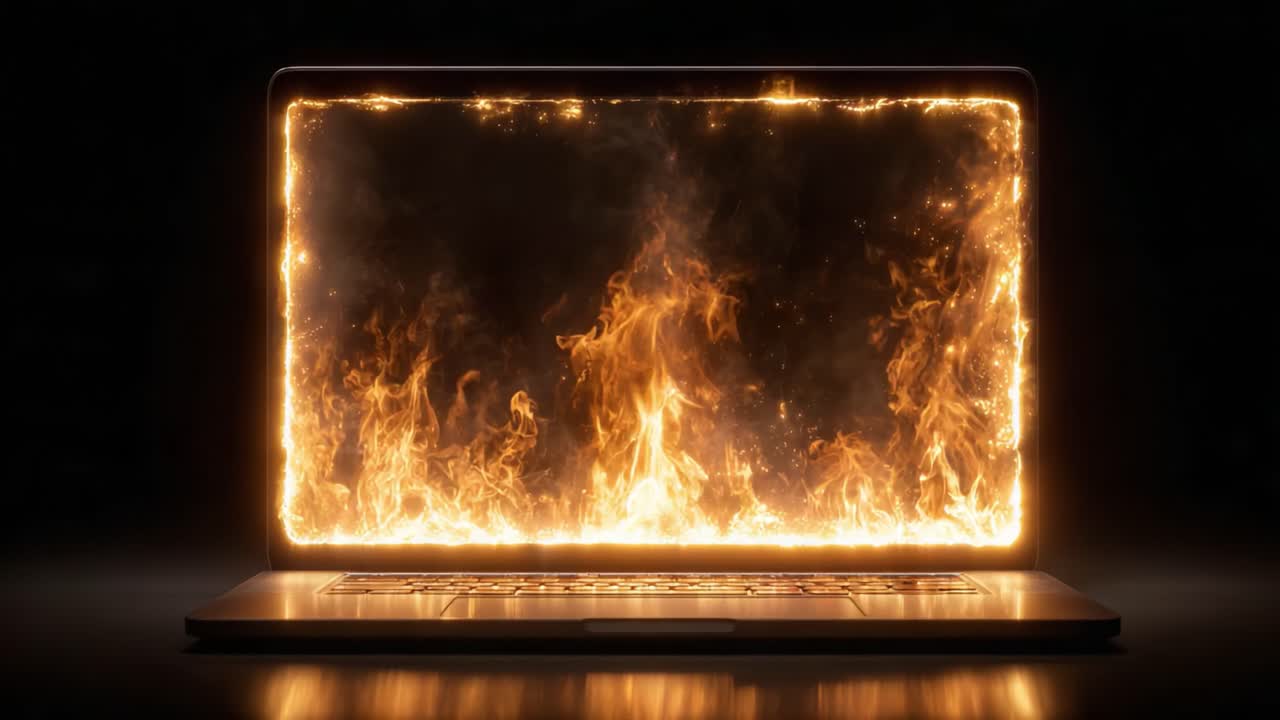 Un laptop circondato dalle fiamme: un'esplorazione visiva di fuoco e tecnologia in un accattivante paesaggio digitale