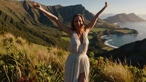 happy woman celebrating a scenic view