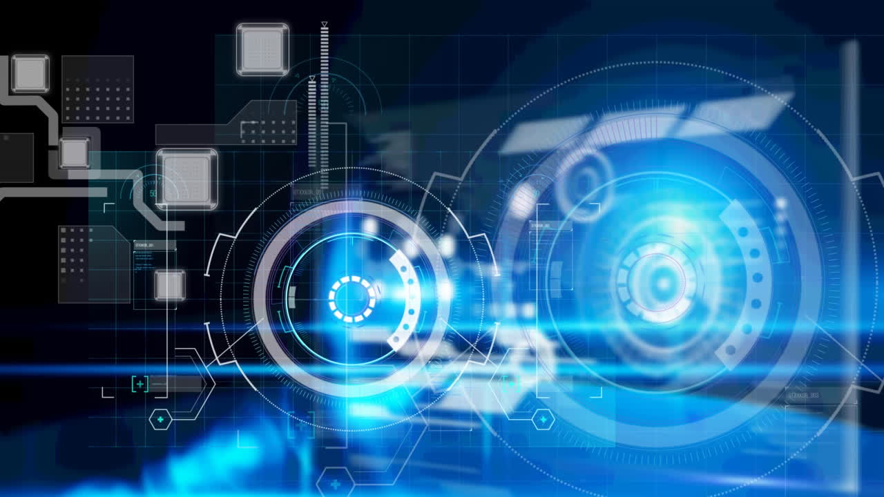 푸른 빛나는 배경에서 범위 스캔과 데이터 처리의 애니메이션