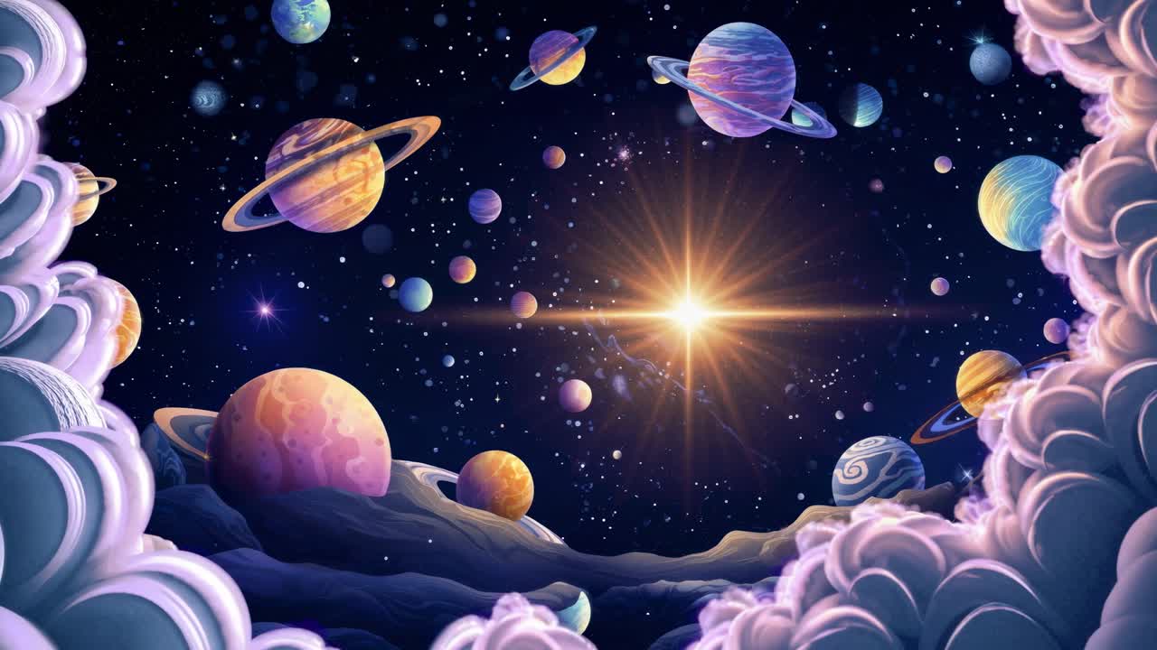 A cosmic video concept with vibrant planets and stars, viewed from a low angle through swirling