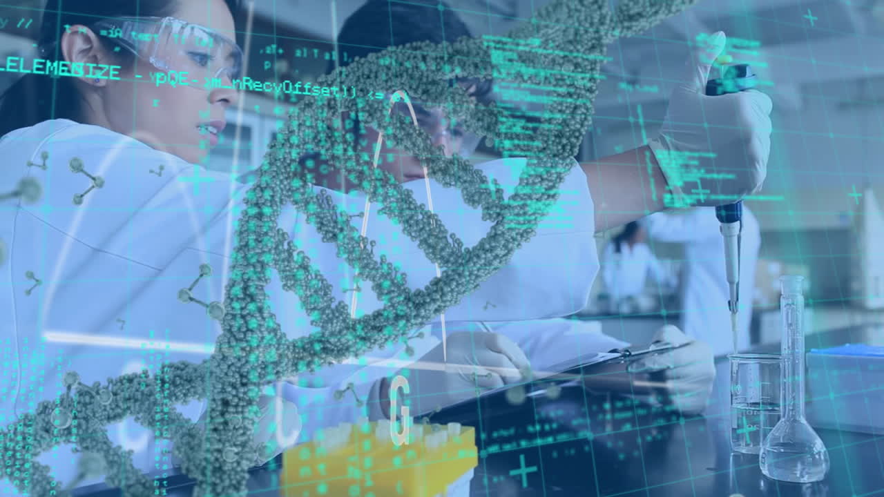 데이터 처리 및 3d dna 스트랜드의 애니메이션이 다양한 과학자들을 중심으로 회전합니다.