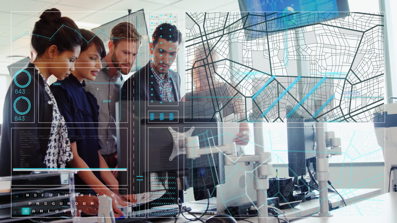 animación del procesamiento de datos sobre diversas personas de negocios en la oficina