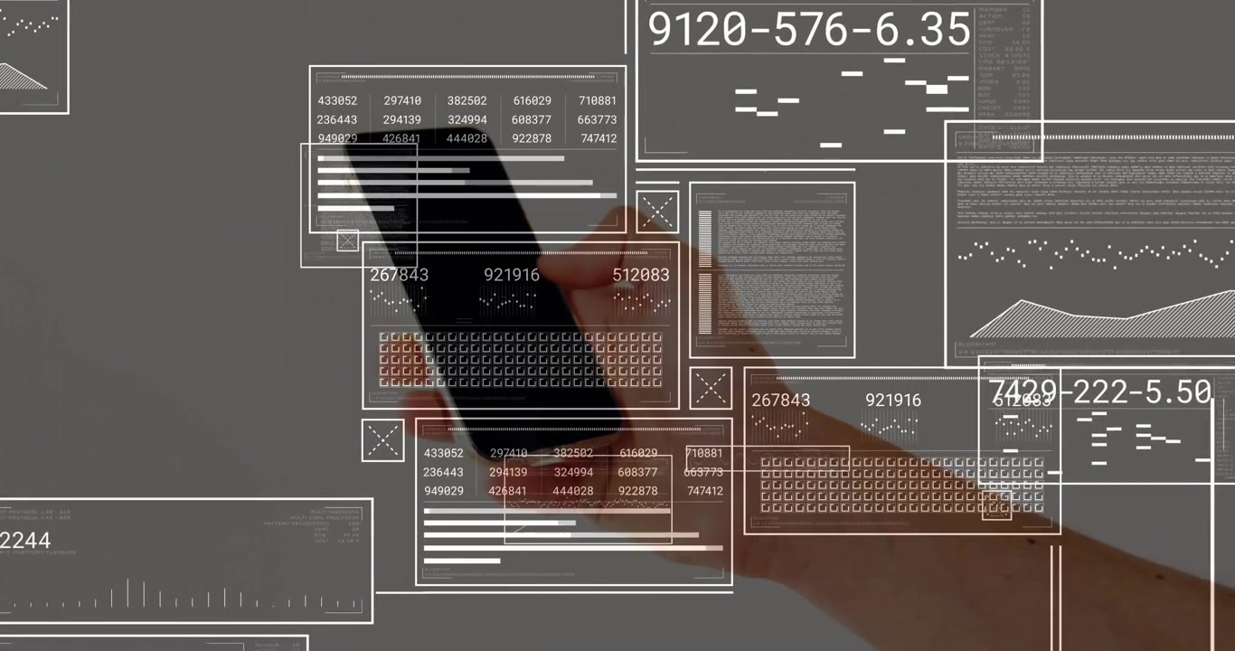 Hand holding phone swiping expanding chart collapsing overlays revealing outline for insight