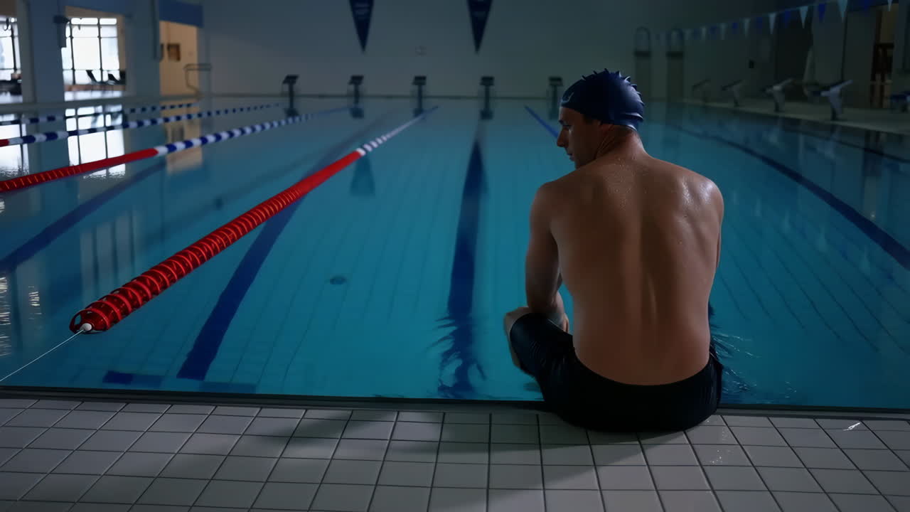Male swimmer sitting at the edge of an indoor swimming pool