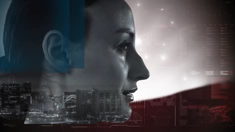 animation of data processing, cityscape and red spots over woman face