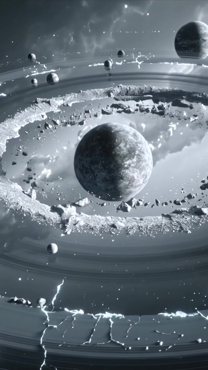 Video vertikal: Memegang planet berbatu saat kamera menggeser ke atas di luar angkasa, menampakkan cincin bergerigi dan bulan-bulan