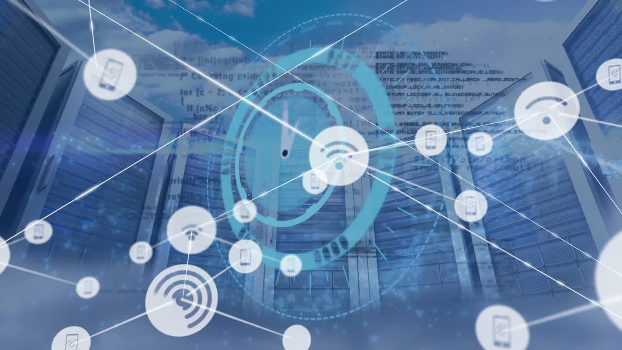 클라우드의 컴퓨터 서버에 대한 둥근 스캐너를 통해 디지털 아이콘 네트워크의 애니메이션