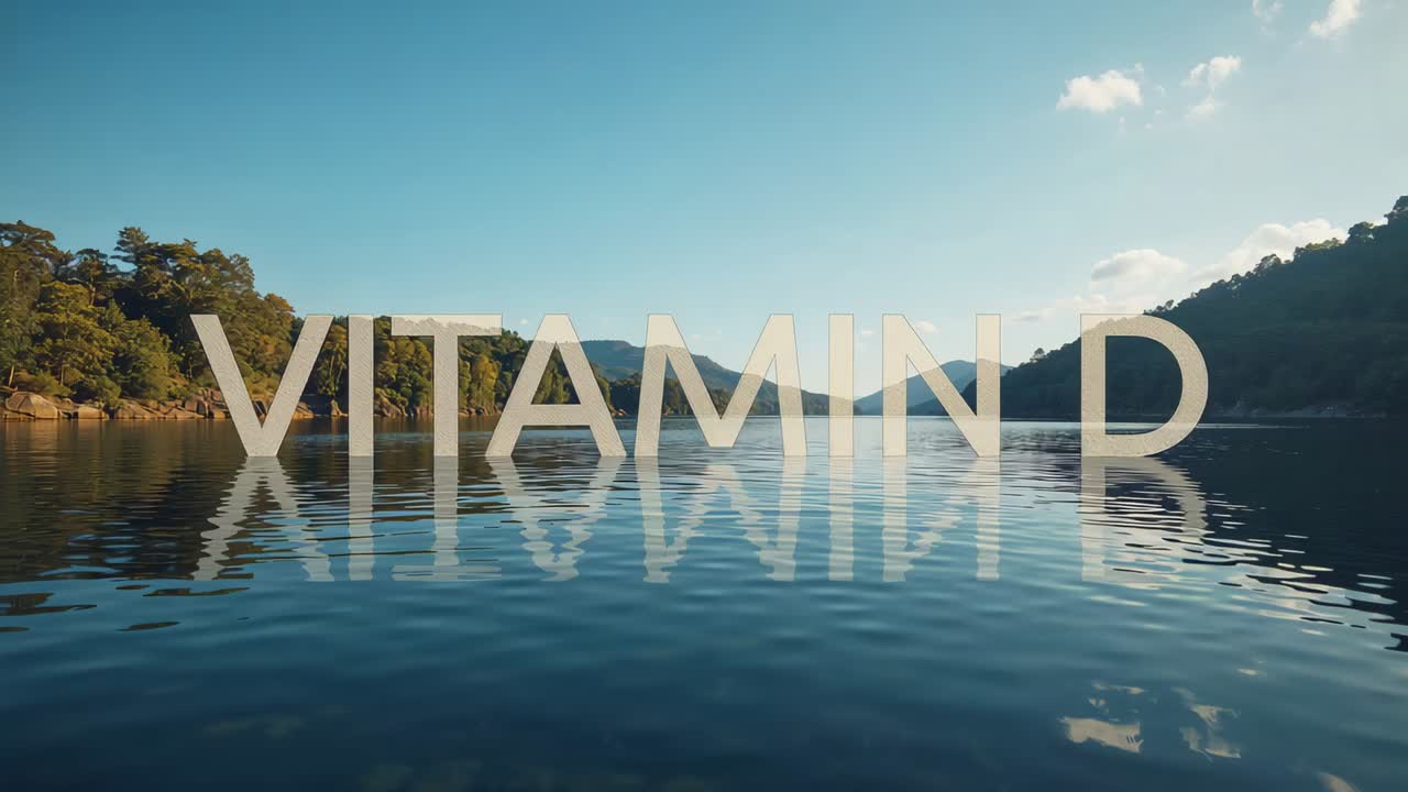 Shifting camera and stirring breeze causing 3D VITAMIN D letters shimmering on lake, making ripples