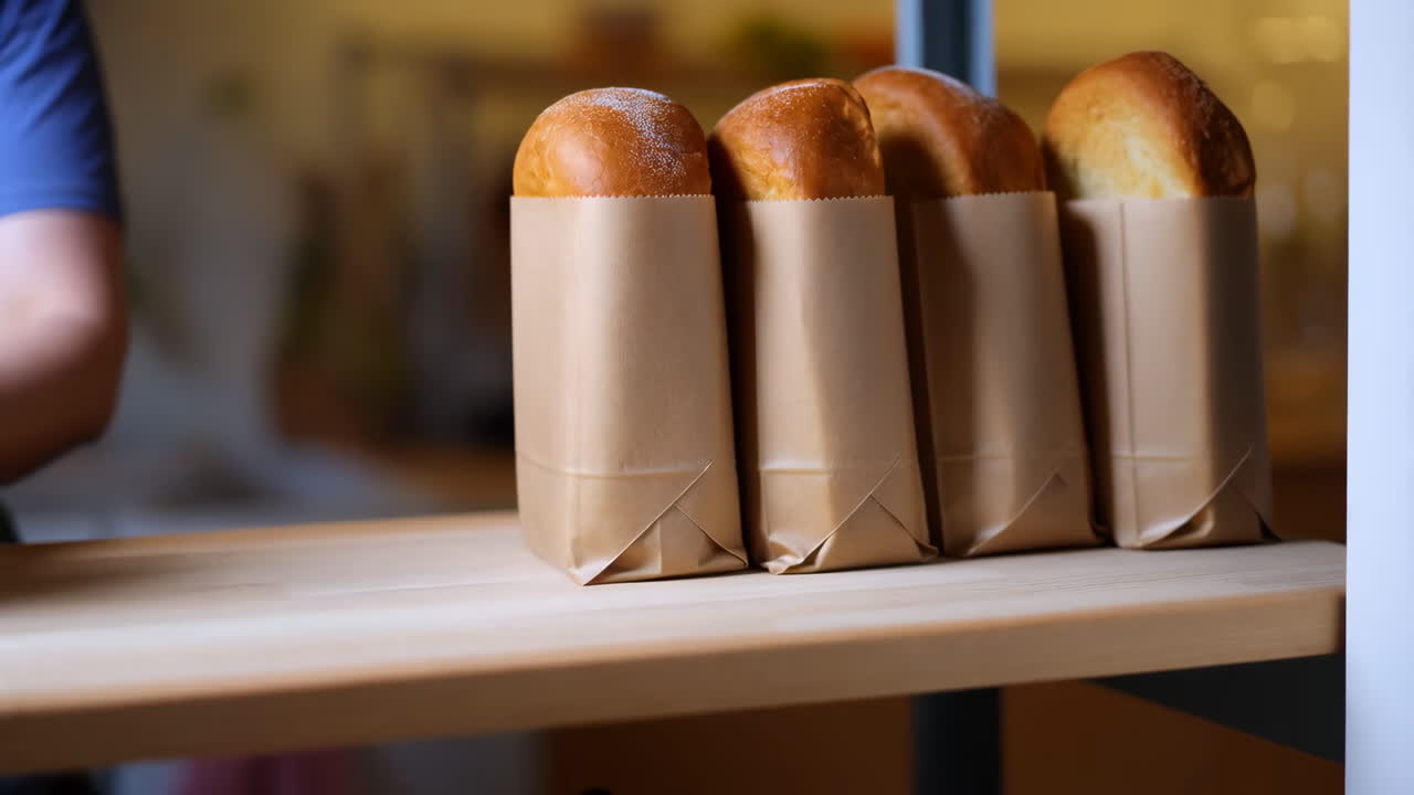 Freshly baked bread loaves in paper bags at a bakery