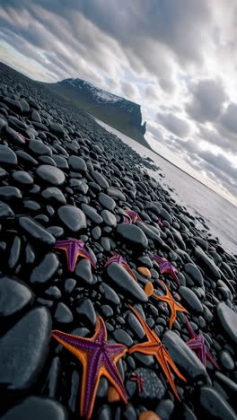 vibrant starfish scattered on a black pebble beach with a majestic mountain in the background