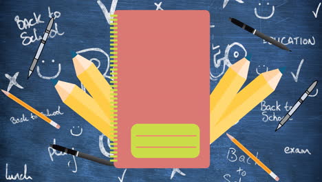 animación de cuaderno rojo y lápices amarillos sobre pizarra con garabatos escolares
