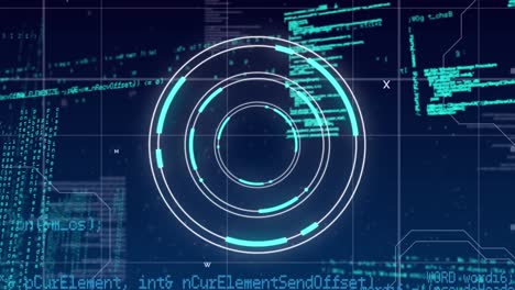 Animation-of-neon-round-scanner-and-data-processing-over-grid-network-against-blue-background