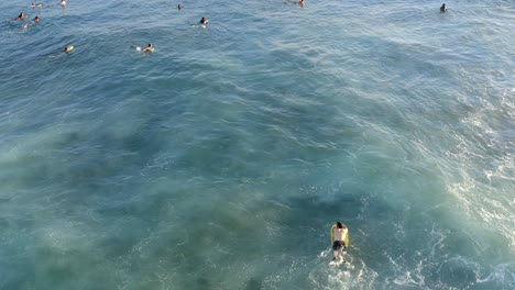 Swimmer-and-boyboarder-wait-for-waves-in-Hawaii-on-bright-sunny-day