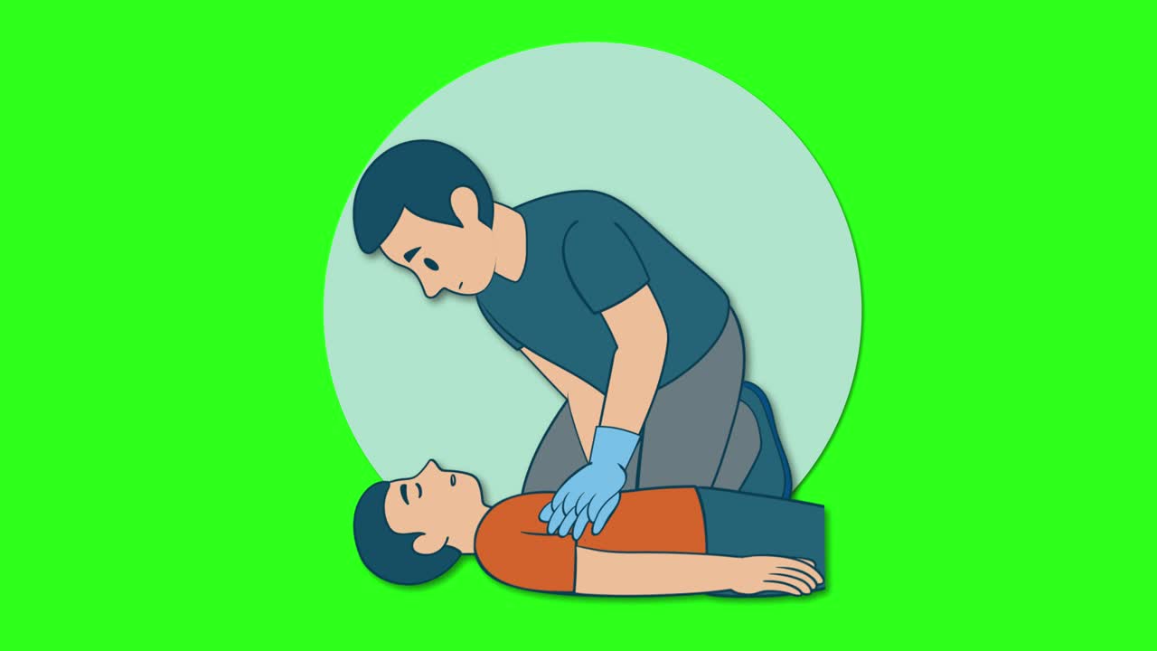 Illustrated animation showing proper chest compression technique for CPR on green background, side view