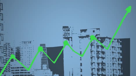 animación digital del procesamiento de datos estadísticos sobre edificios altos contra un fondo azul