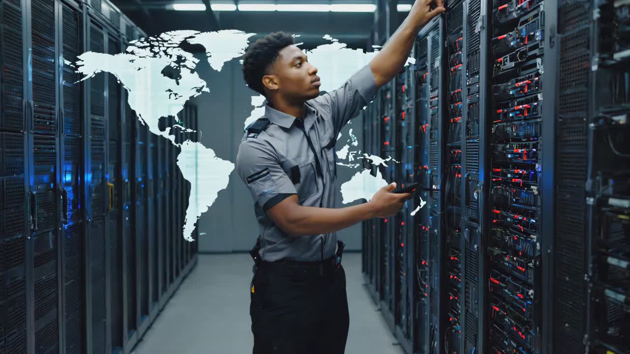 IT Professional Working in a Data Center with Global Network Overlay