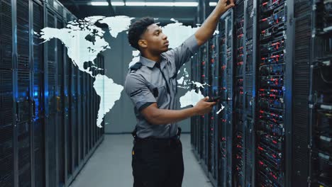 it professional working in a data center with global network overlay