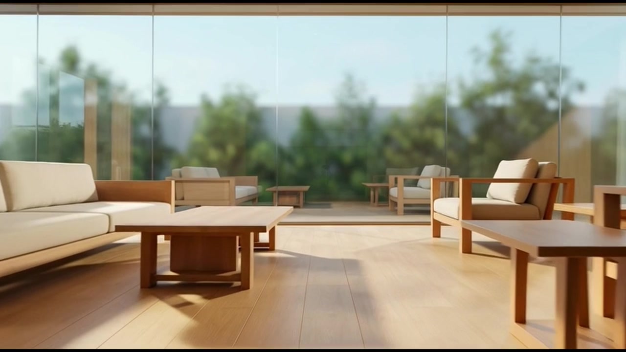 Soggiorno moderno minimalista con ampie vetrate e mobili in legno