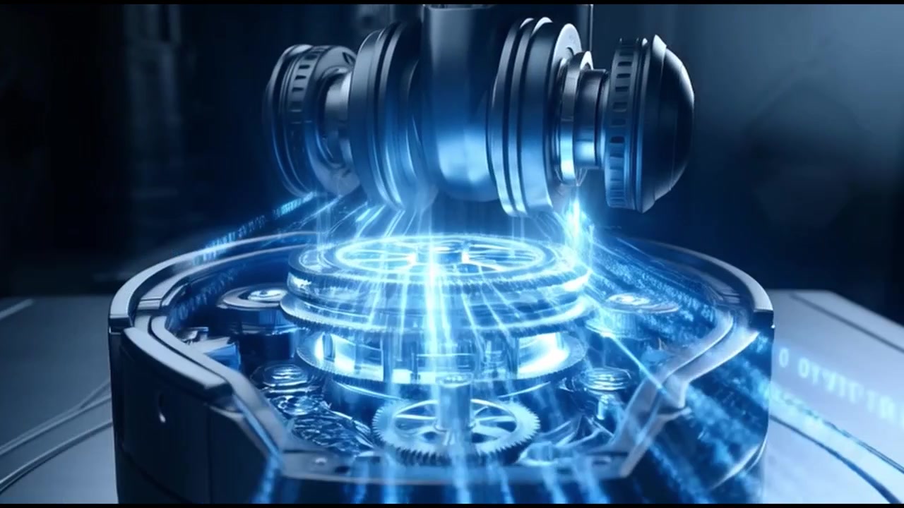 Digital Data Flowing Through Advanced Mechanical Gears with Blue Light