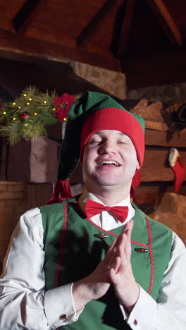 happy elf takes adieu to santa. portrait of an elf waving bye on christmas tree background in santa's residence. happy winter holidays. vertical video