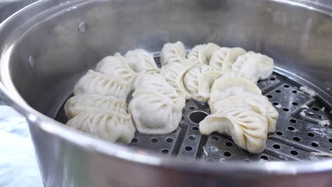 steaming dumplings in a steamer basket