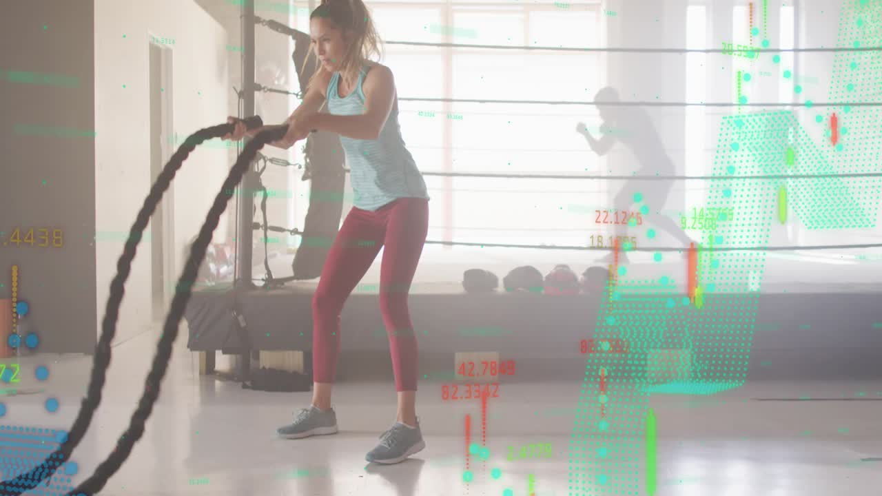 Woman gripping battle ropes, building strength via alternating waves, overlays mapping motion