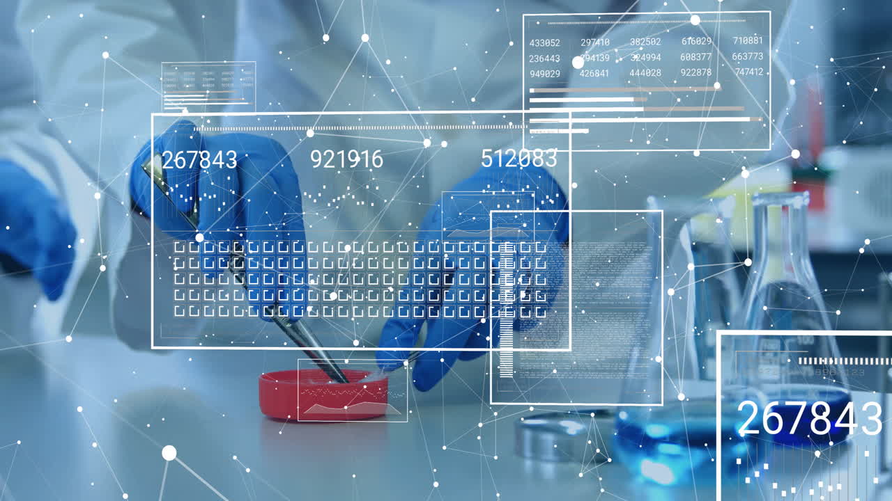 연구실에서 일하는 다양한 과학자들에 대한 연결 네트워크와 데이터 처리의 애니메이션
