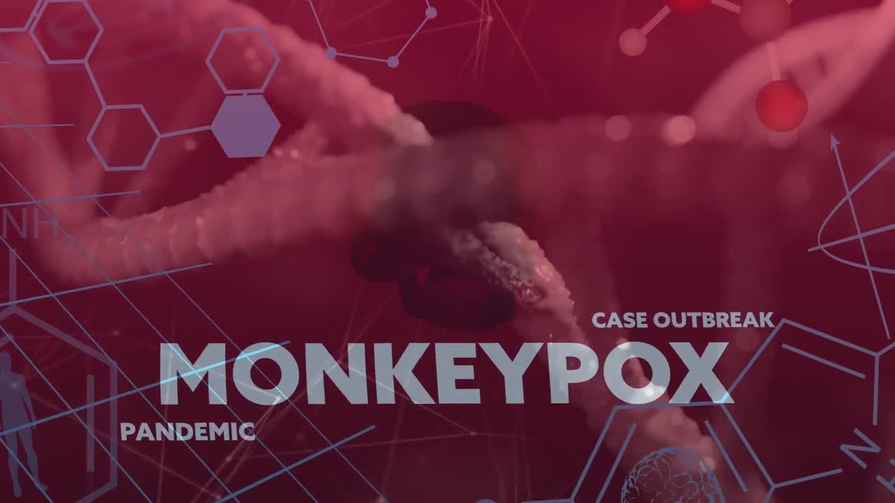 Animation of monkey pox pandemic over connections, chemical formulas and dna