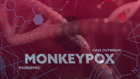 Animation-of-monkey-pox-pandemic-over-connections,-chemical-formulas-and-dna