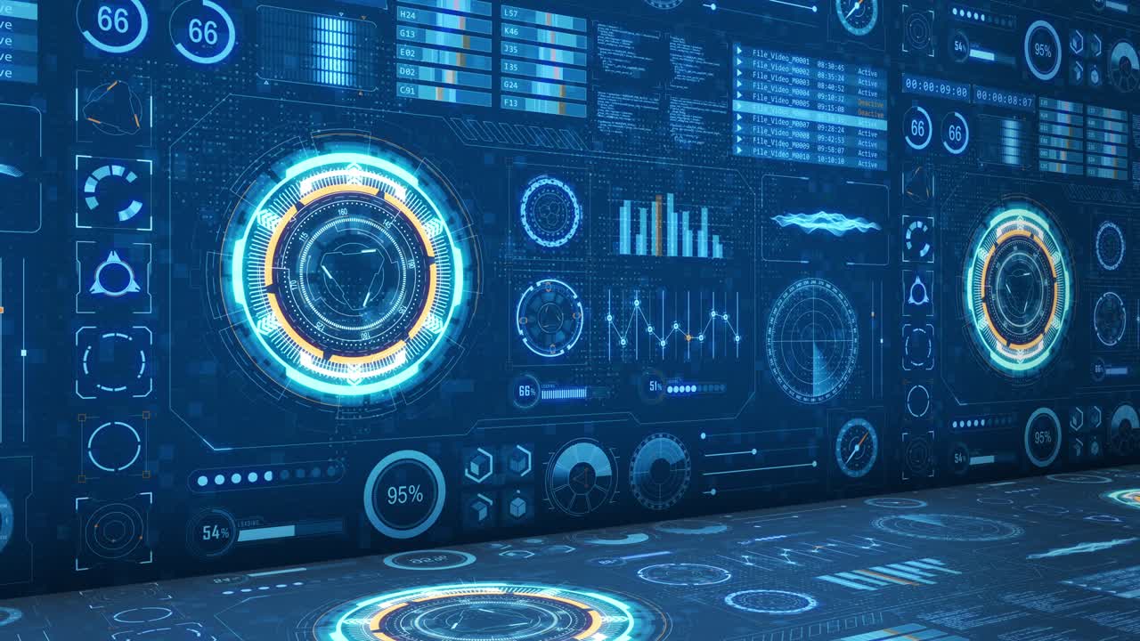 pantalla de interfaz de tecnología con elementos futuristas gráfico y panel de chat 3d fondo abstracto video de bucle sin costuras