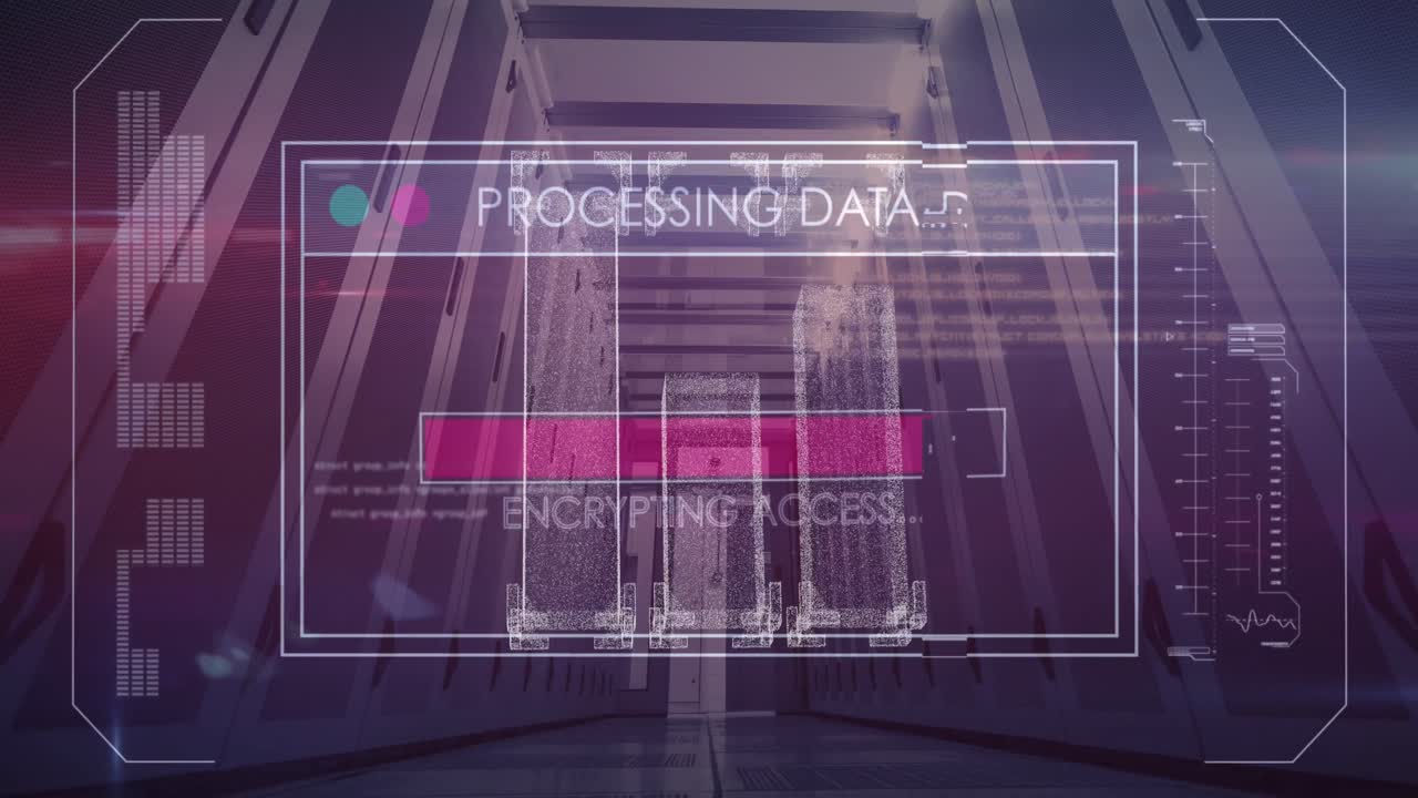Animation of interface with data processing and 3d computer sever model spinning against server room