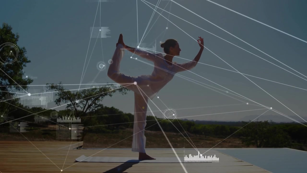 Woman unrolling yoga mat shifting into dancer pose while animated health overlay tracking balance