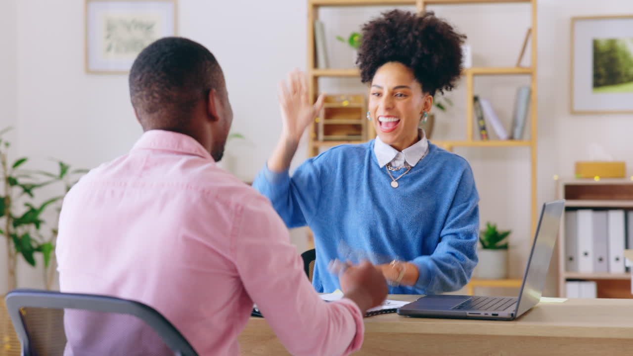 High five, laptop and business people success