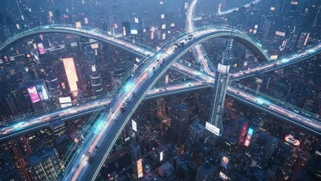 aerial view of a vibrant urban highway network intersecting amidst a lively cityscape, highlighting the dynamic traffic flow and neon advertisements at night