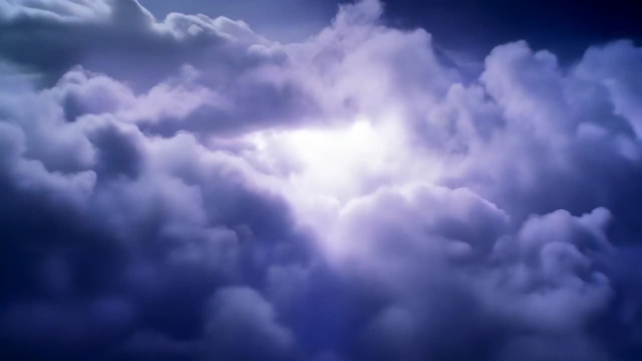 Flashing storm clouds sending purple branching lightning after inner glow forming at high altitude