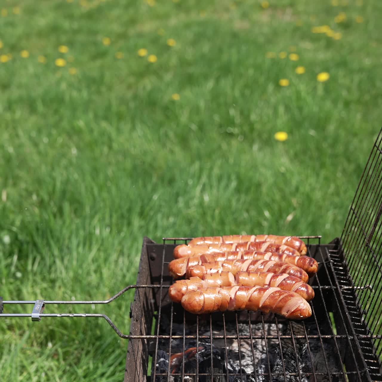 Juicy sausages frying on the grill. Sausages with tasting crust. Barbecue cooking