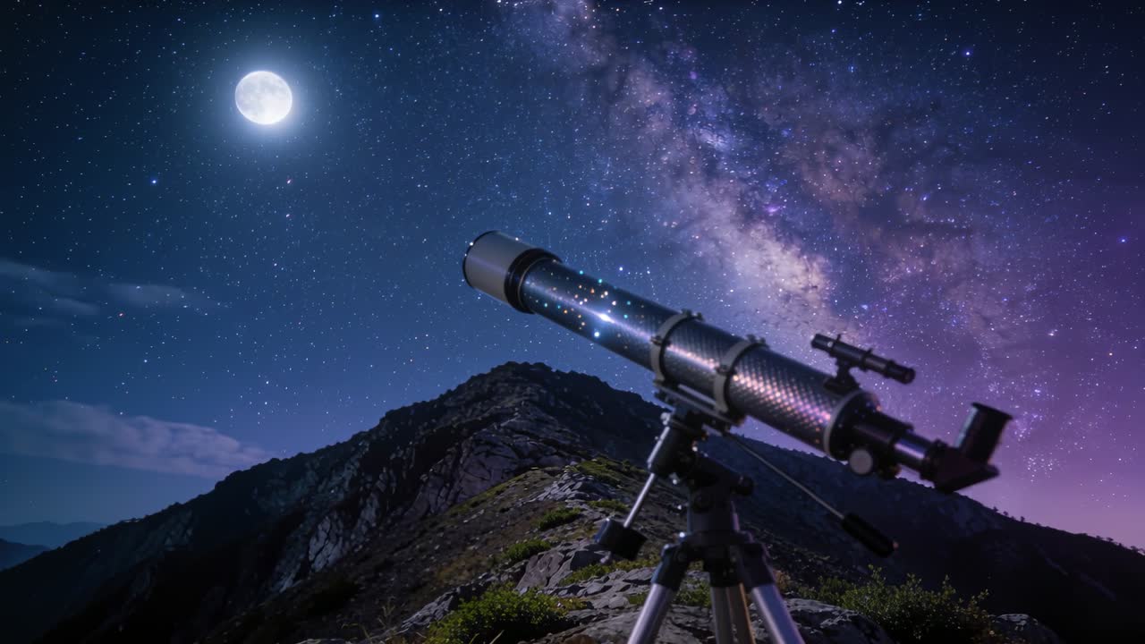 Capturando telescopio refractor en trípode sobre una cresta mientras aparece la luna llena, grabando la Vía Láctea.