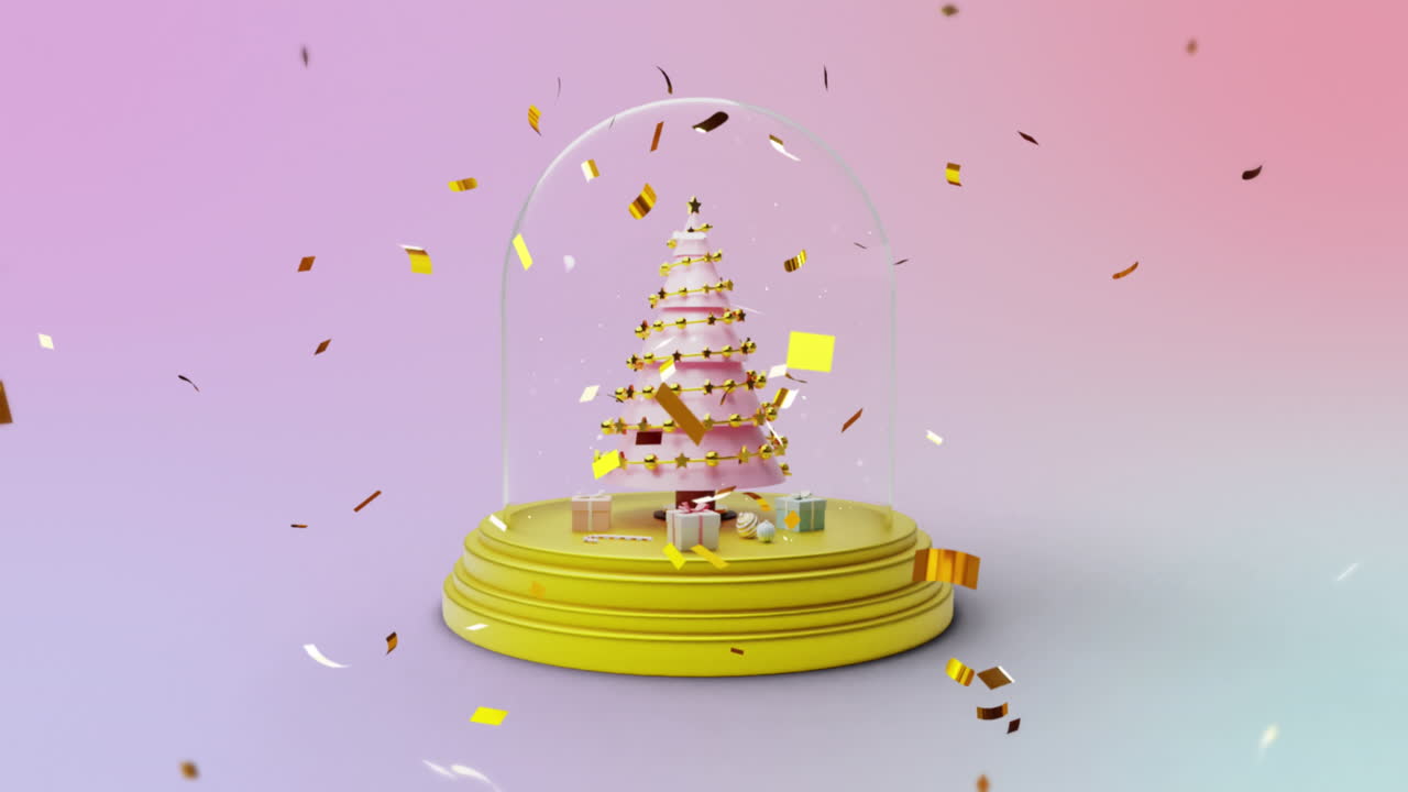 핑크색 배경에 크리스마스 트리와 함께 스노우 글로브 위에 콘페티의 애니메이션
