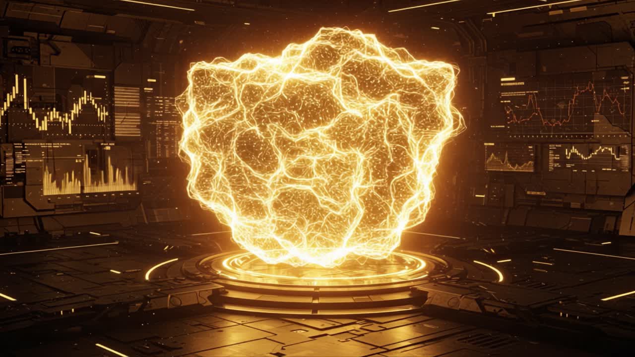 A Glowing Energetic Sphere Illuminates a Futuristic Interface, Pulsing with Radiant Light and Surrounded by High-Tech Data Displays in a Sci-Fi Environment