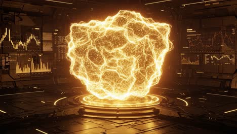 a glowing energetic sphere illuminates a futuristic interface, pulsing with radiant light and surrounded by high-tech data displays in a sci-fi environment