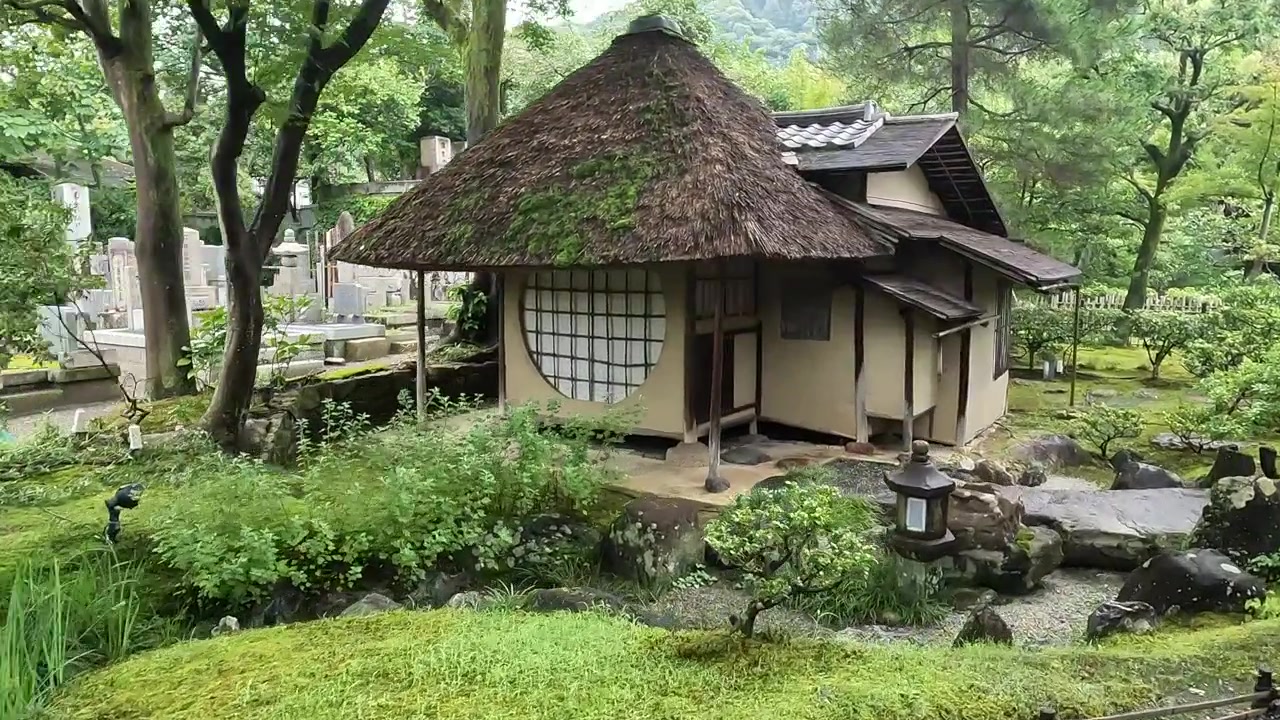 Kamera bergerak melalui taman Jepang yang rimbun menuju rumah teh tradisional beratap jerami