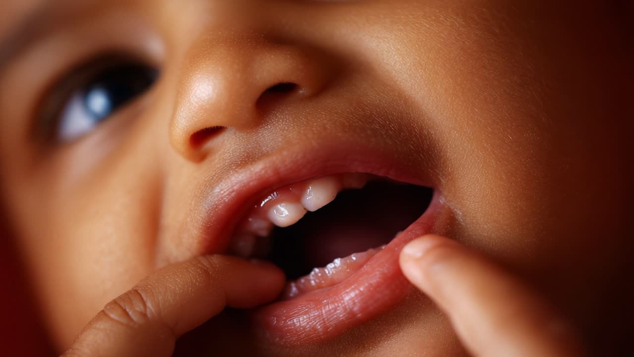 Captivating Close-Up of a Child Playfully Exploring Their Teeth with a Finger, Showcasing Curiosity and Delight in a Home Environment, Full of Childhood Wonder