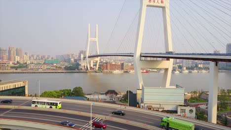 china sunny day shanghai city famous traffic round road junction aerial top view 4k